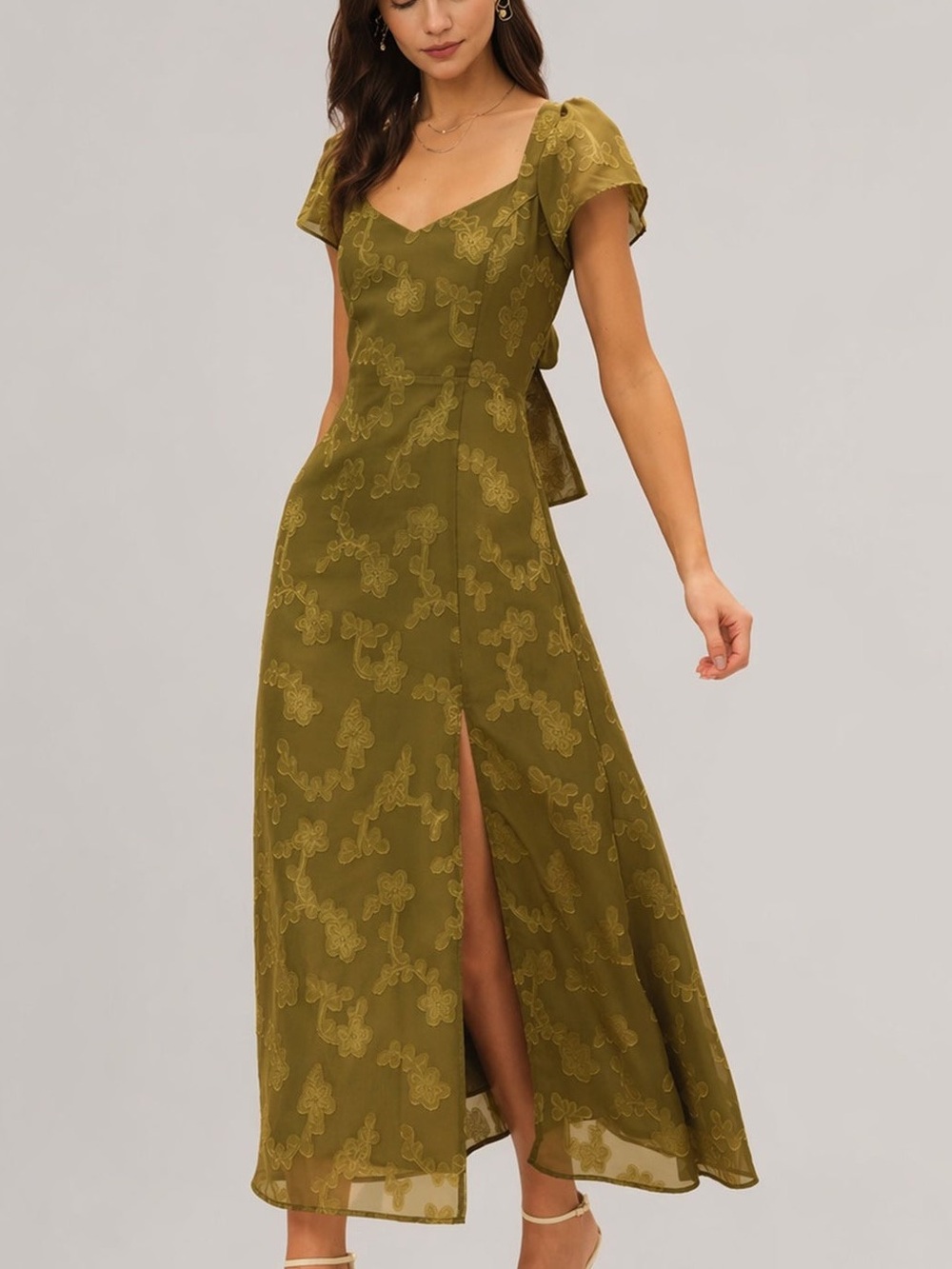 NWT RIHOAS Elegant Olive Green Maxi Dress Cap Sleeve Large Open Back Summer